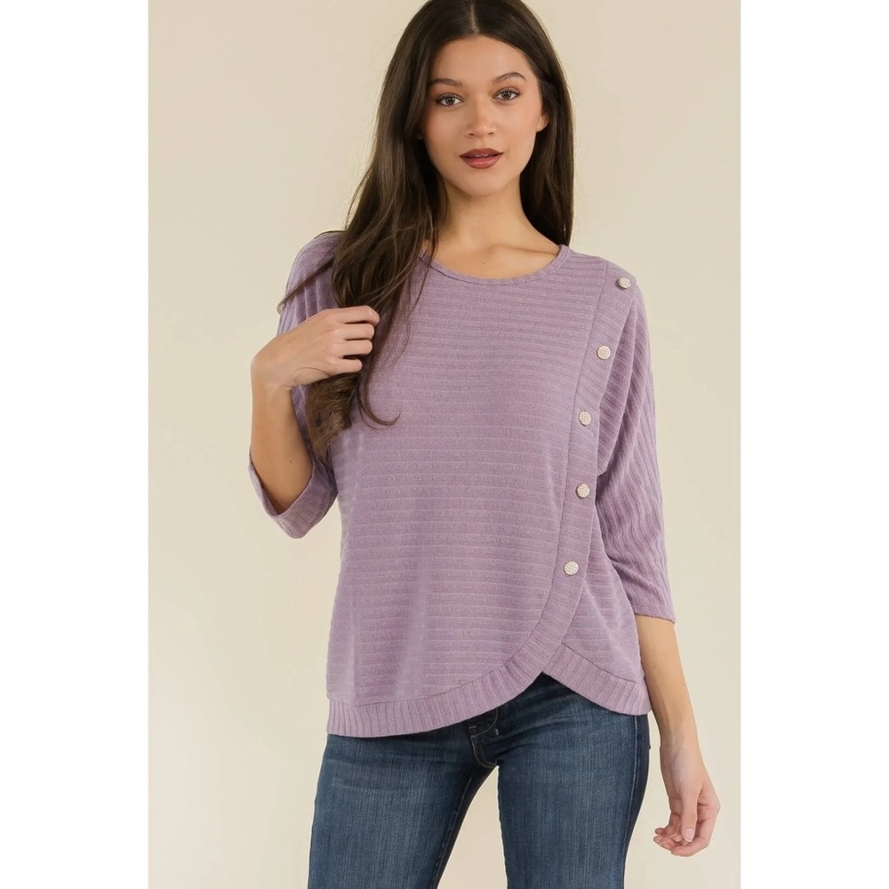 Parallel Skies soft blush lavender 3/4 sleeve blouse envelope hem Sz M